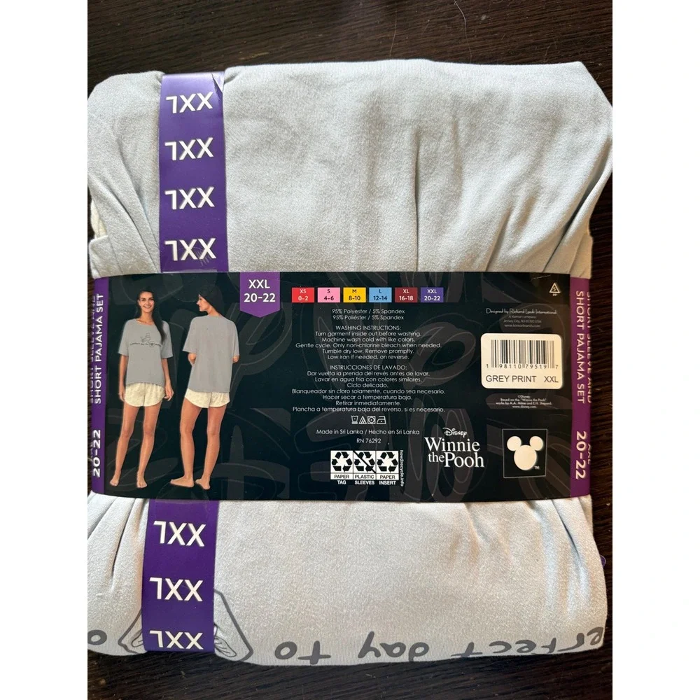 Disney Winnie the Pooh Pajama Set Womens XXL 20-22 Grey Short Sleeve Shorts New - Picture 4 of 5